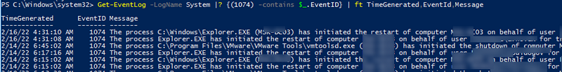 Find restart Info event 1074 using PowerShell 