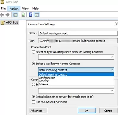 adsiedit: connect to active directory naming context