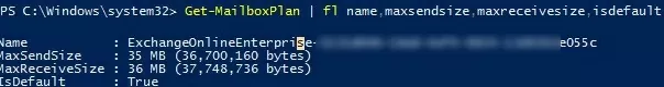 exchange online (microsoft 365) get maxsendsize limit
