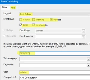 Filter event log by event id and username