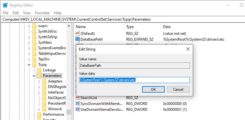 hosts file path in registry