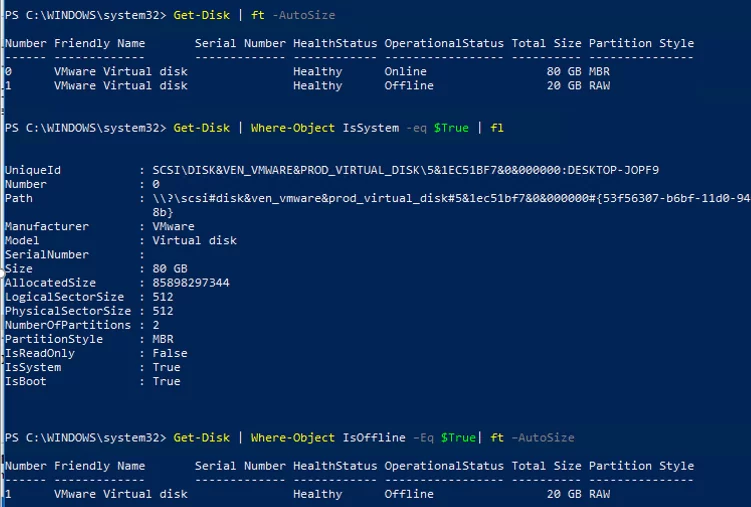 powershell Get-Disk offline and system