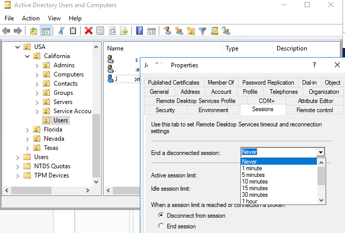 rds session timeouts in user properties in active directory