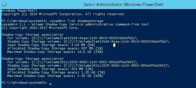 vssadmin list shadowstorage