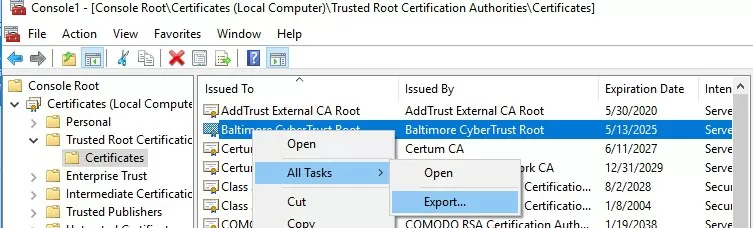 windows 10: exporting root certificate to a cer file