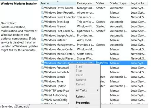 Windows Modules Installer service in stopping state